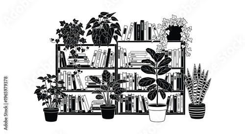 A black and white illustration depicts a bookshelf adorned with plants creating a cozy indoor scene silhouette high quality professional detailed