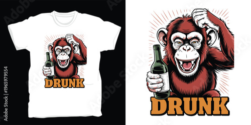 Drunk chimpanzee holding green bottle vector character design for t-shirt print.