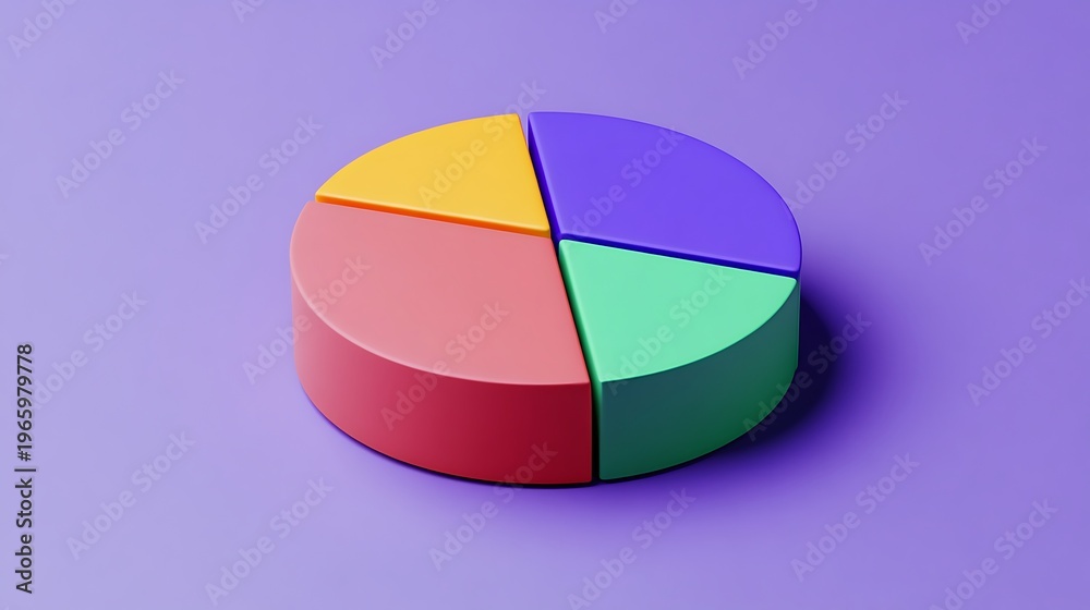 Obraz premium A 3D pie chart divided into four colorful sections on a purple background for data visualization and presentation