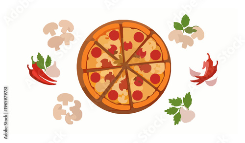 Pepperoni mushroom pizza slices arranged on wooden board with fresh ingredient clusters vector set