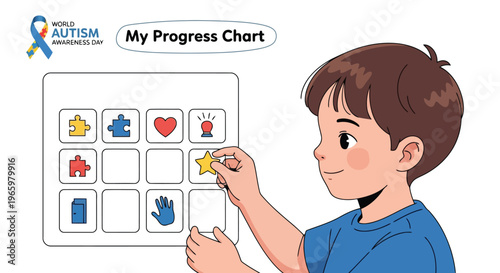 Young boy placing star sticker on his personal progress chart