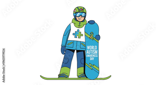 Young snowboarder standing on snow with puzzle piece logo on gear