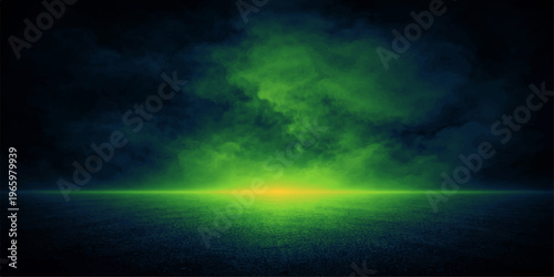 Abstract, a vibrant, glowing energy emanates from an enigmatic horizon, enveloped in swirling, ominous green mist, creating a captivating scene of mystery and intrigue.