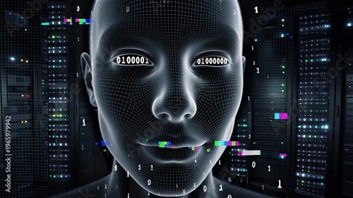 Futuristic digital human face made of light and data particles represents artificial intelligence, technology, and virtual reality concepts in a server room.