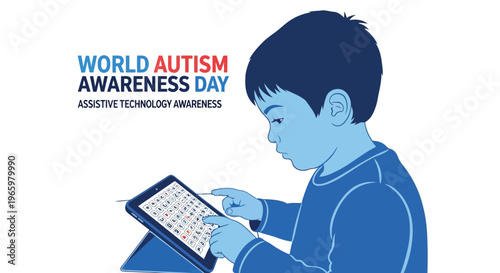 Young boy using assistive technology tablet for autism development