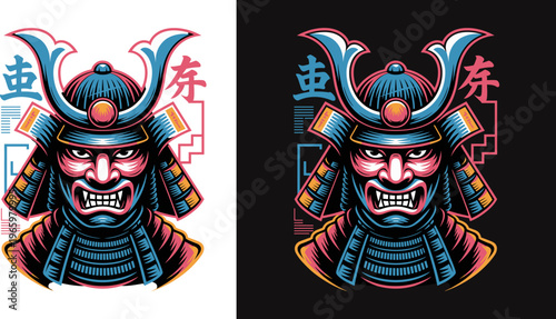 Japanese Samurai Oni Mask Mascot Illustration, Bushido Warrior Vector Art for T-shirt Design