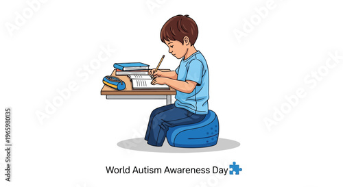 Young boy sitting on bean bag chair writing in notebook for school