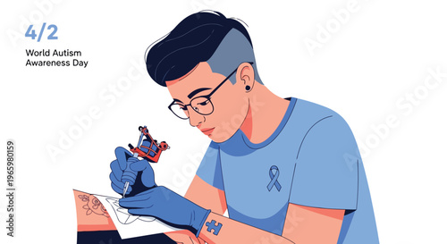 Tattoo artist working on design with autism awareness ribbon symbol