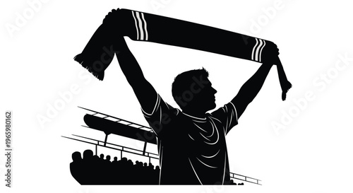 A jubilant sports fan raises a scarf in celebration at a stadium captured in striking silhouette high quality professional detailed modern
