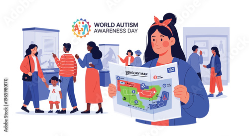 Woman holding sensory map in public space for autism friendly event