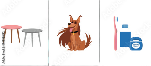 Modern interior coffee tables and cute brown dog character alongside dental care set with toothbrush floss and conceptual vitamin capsule nutrition vector illustration.