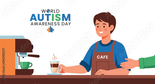 Barista serving coffee in cafe for autism awareness day illustration