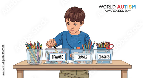 Young boy organizing school supplies for world autism awareness day