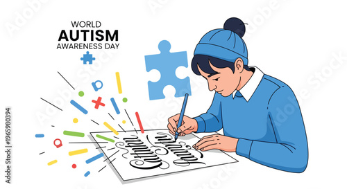 Child drawing puzzle piece art for world autism awareness day event