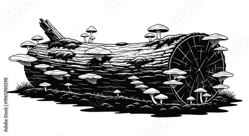 A detailed black and white illustration depicts a fallen log covered in mushrooms featuring a unique silhouette high quality professional modern