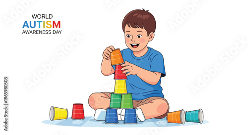 Little boy stacking colorful plastic cups for autism therapy session