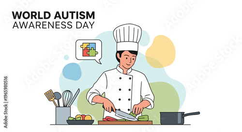Chef cooking in kitchen with puzzle piece thought bubble for autism