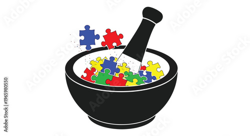 Mortar and pestle filled with colorful puzzle pieces for autism