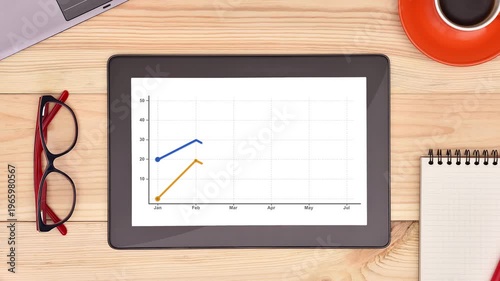 Top view of tablet with growing business chart on screen surrounded by office supplies on desk. Business analytics finance and workplace concept.