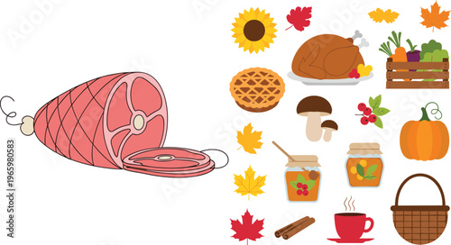 Autumn harvest and Thanksgiving food collection featuring smoked ham roasted turkey pumpkin pie sunflower maple leaves jars of jam and wicker basket vector illustration.