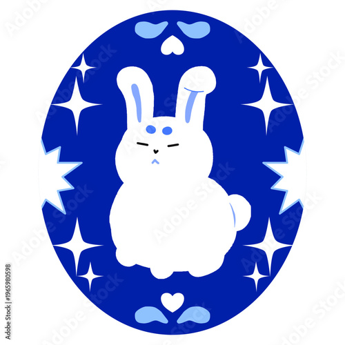 Cute white bunny character illustrated inside a decorative blue easter egg with stars and hearts for seasonal holiday cards designs