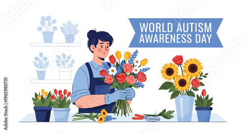 Female florist arranging beautiful flower bouquet for autism awareness day