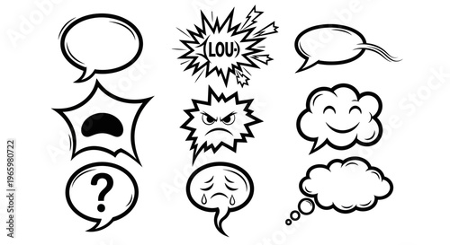Comic speech bubbles set with diverse emotions and expressions like question, loud, angry, sad, and happy on isolated white background.
