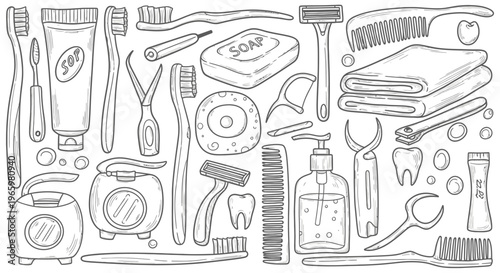 Extensive collection of bathroom and personal hygiene items doodle including toothbrushes, soap, razors, and towels in a bright studio.