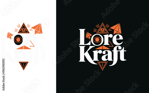 Lore Kraft Mystical Logo Design with All-Seeing Eye and Geometric Symbols in Flat Vector Style