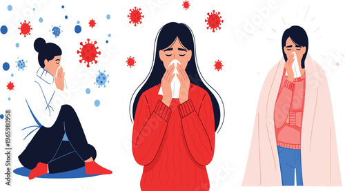 Women characters suffering from flu symptoms sneezing with tissue and feeling cold under blanket alongside virus and bacteria icons for healthcare and medical themes