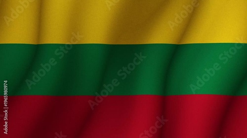 Flag of Lithuania waving in wind with yellow green and red horizontal stripes. National identity patriotism and country symbol concept.
