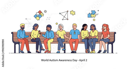 Diverse group of people sitting on a bench for Autism Awareness Day