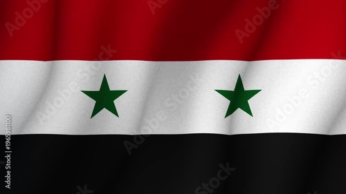 Flag of Syria waving in wind with red white black stripes and green stars. National identity patriotism and country symbol concept.