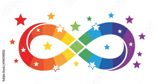 Colorful infinity symbol decorated with bright stars on white background