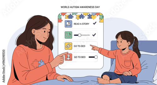 Mother and daughter using visual schedule for daily routine at bedtime