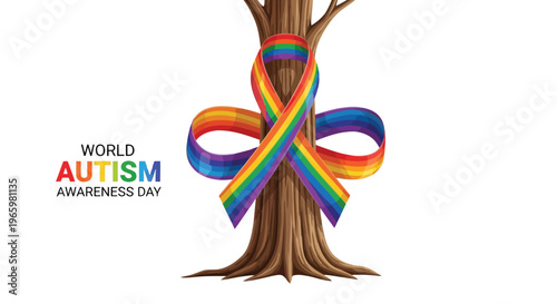 Tree of life with rainbow ribbon for world autism awareness day theme