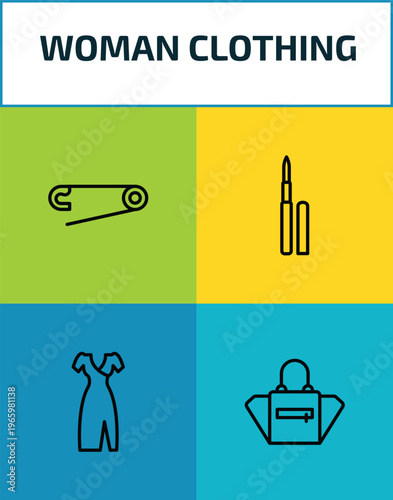woman clothing outline icon set. 4 linear vector for ui, web and mobile. thin line perdible pin, eyeliner pencils, clothes, female black handbag icons.