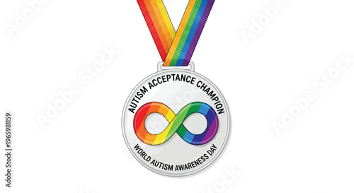 Silver medal with rainbow infinity symbol for autism acceptance champion