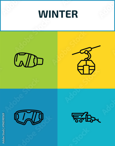 winter outline icon set. 4 linear vector for ui, web and mobile. thin line goggles, cable car cabin, snow goggle, snowplow icons.