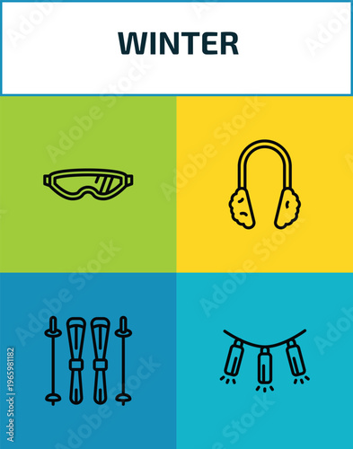 winter outline icon set. 4 linear vector for ui, web and mobile. thin line safety glasses, earmuffs, ski equiptment, lights icons.