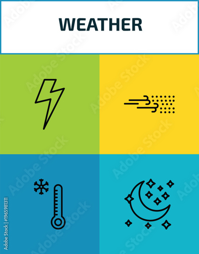 weather outline icon set. 4 linear vector for ui, web and mobile. thin line bolt, sand storms, cold, waxing moon icons.