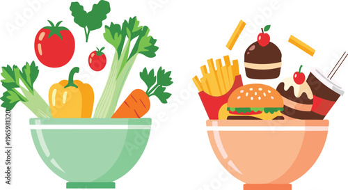 Healthy green bowl with fresh vegetables versus orange bowl filled with junk food fast food burger fries and sweets representing diet comparison and nutrition choices.