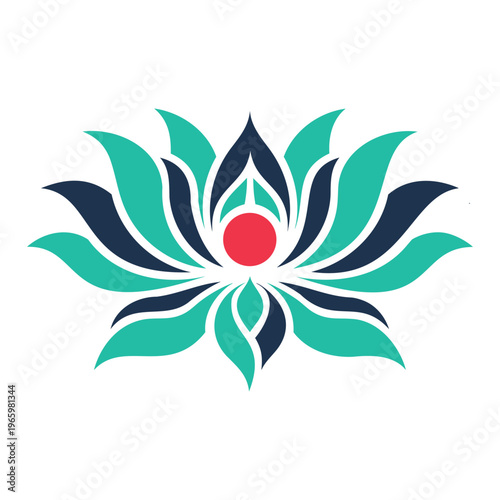 Stylized lotus flower graphic with teal and navy blue petals and red center