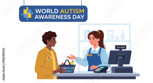 Customer with autism interacting with friendly cashier at grocery store