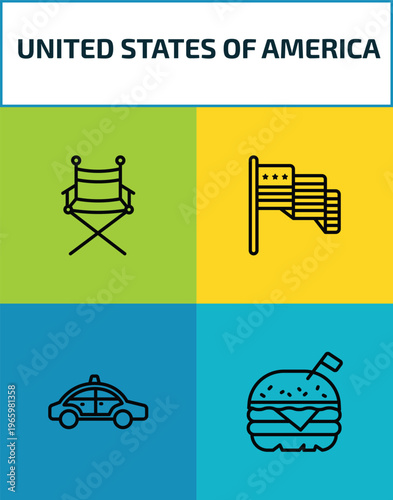 united states of america outline icon set. 4 linear vector for ui, web and mobile. thin line director chair, america, cab, burger icons.