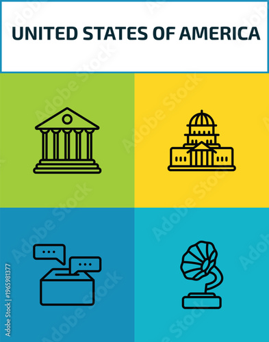 united states of america outline icon set. 4 linear vector for ui, web and mobile. thin line federalism, washington, democracy, gramophone icons.