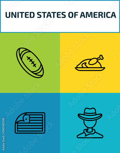 united states of america outline icon set. 4 linear vector for ui, web and mobile. thin line rugby, roasted turkey, sticker, cowboy icons.