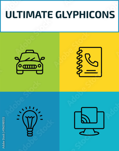 ultimate glyphicons outline icon set. 4 linear vector for ui, web and mobile. thin line taxi fron view, call contact, light bulb on, tv wireless connection icons.