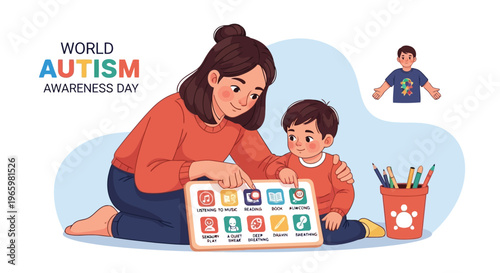 Mother and son using digital tablet for sensory play and communication