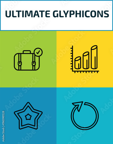 ultimate glyphicons outline icon set. 4 linear vector for ui, web and mobile. thin line suitcase with check, three bars graph, star point, reload arrow icons.